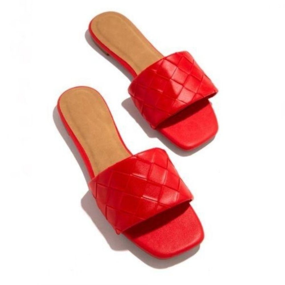 Red Square Toe Woven Strap Slides - Picture 3 of 5